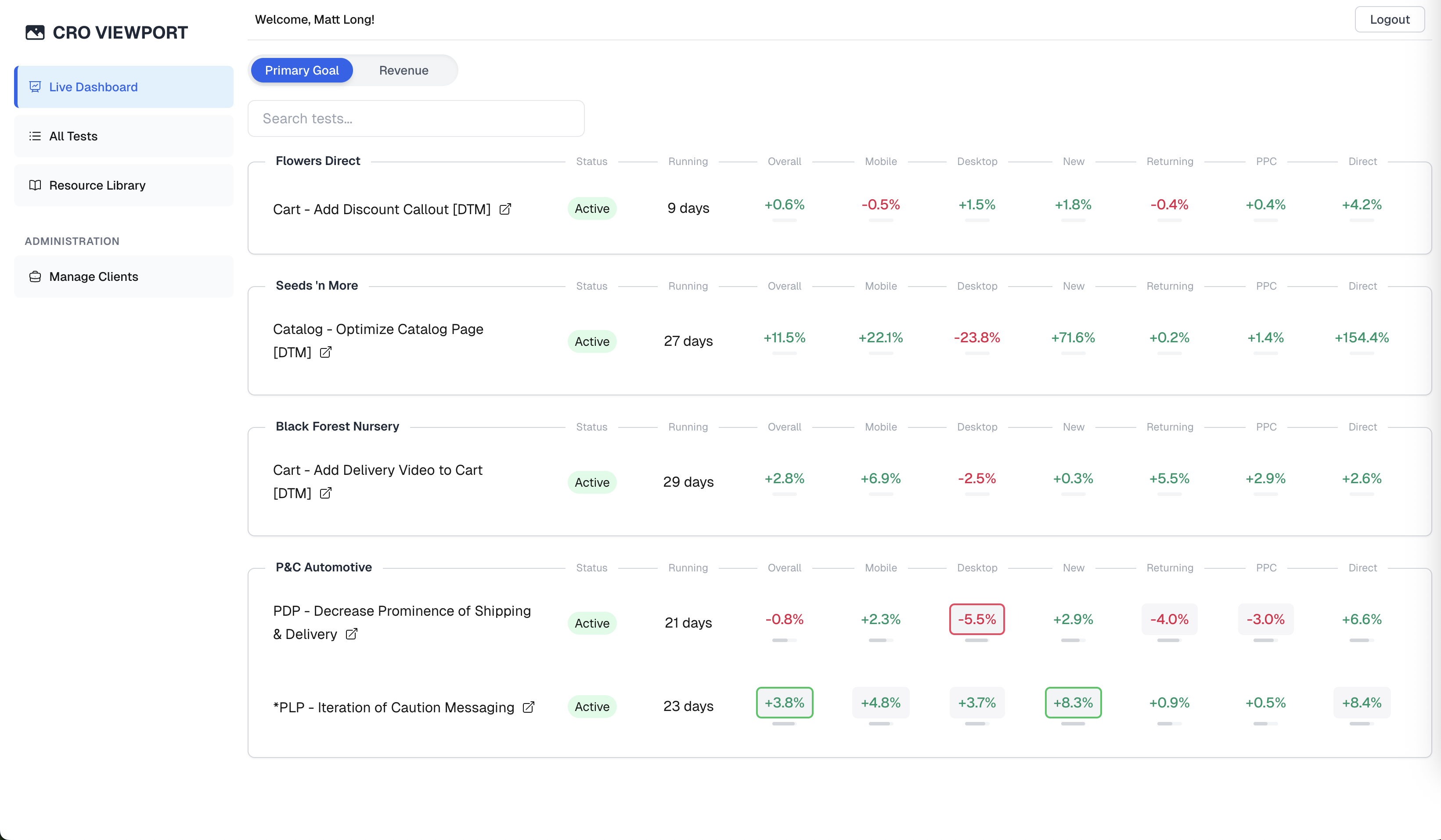 Viewport "Live Dashboard" page